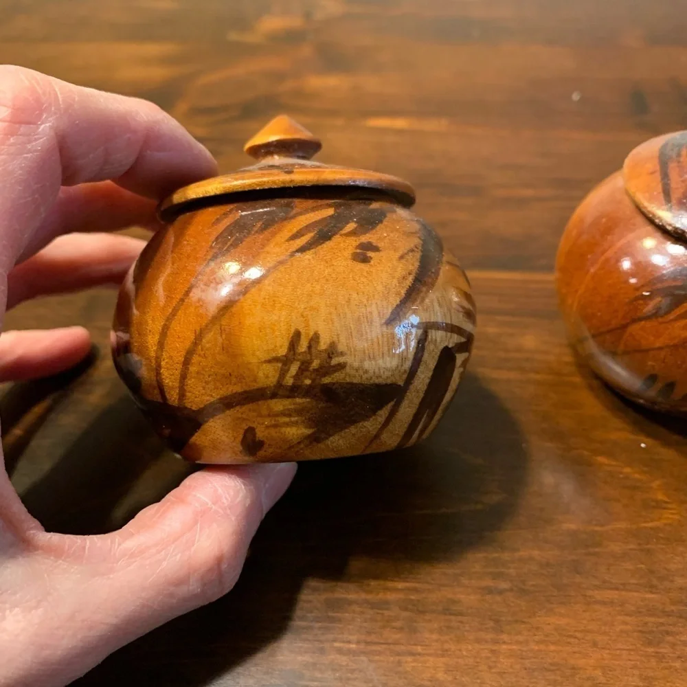 (2) Decorative Hand Carved Turned Wood Bowls with Finial Knob Lids from Haiti